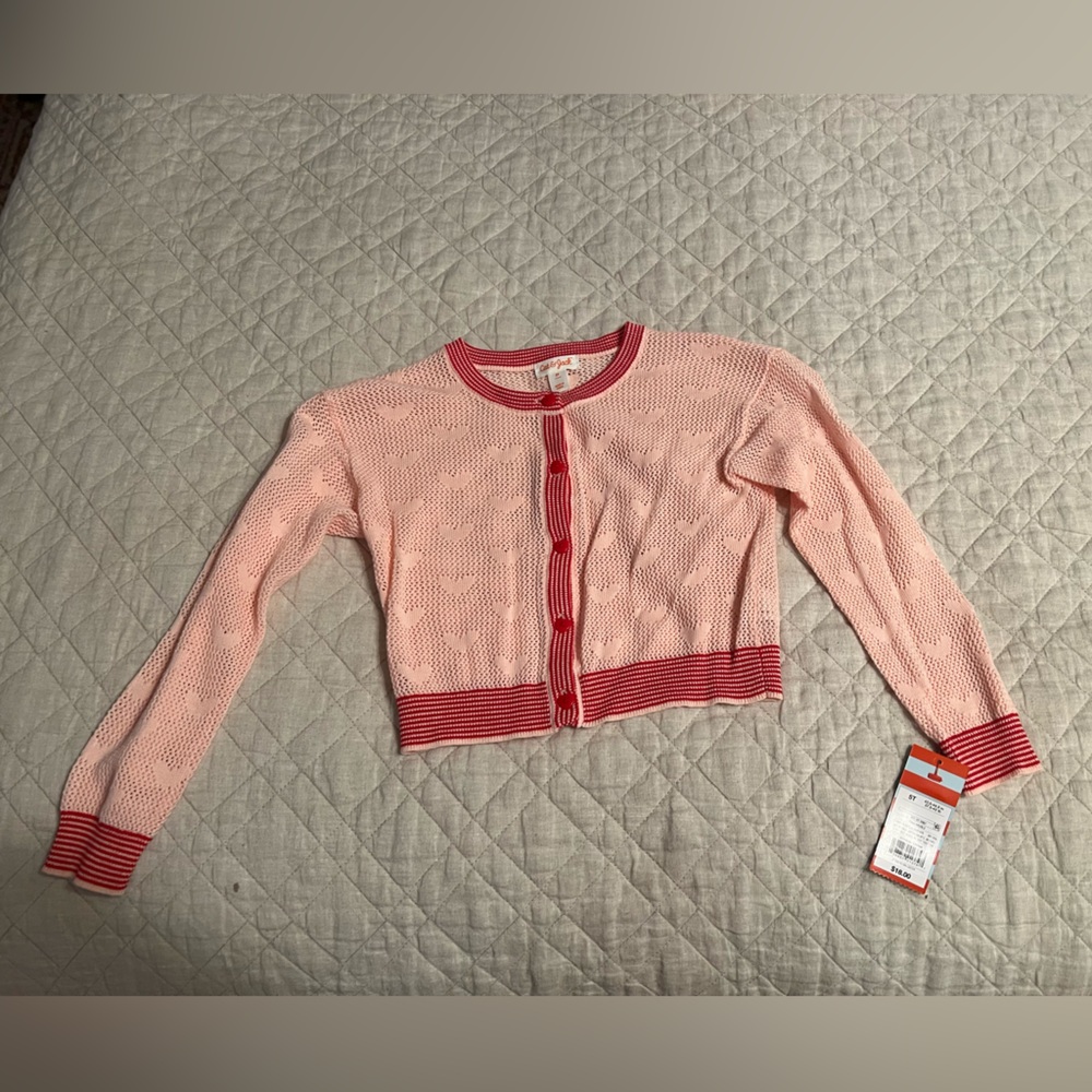 Pink and Red toddler sweater with mesh heart design